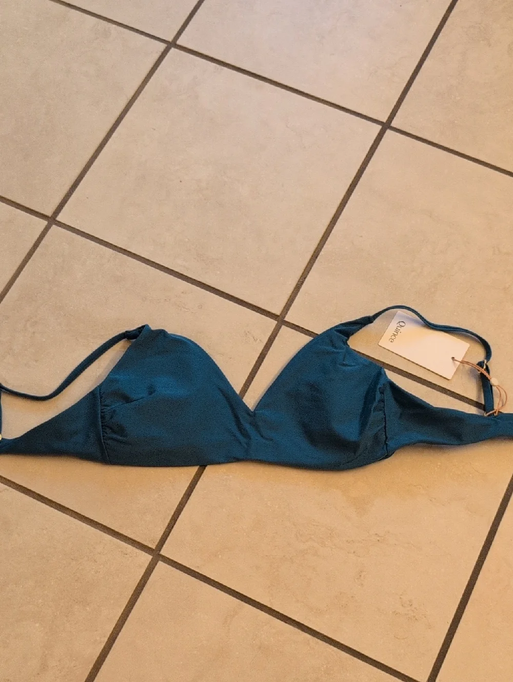 NWT Quince Italian V-neck Bikini Top Lagoon Blue Size M